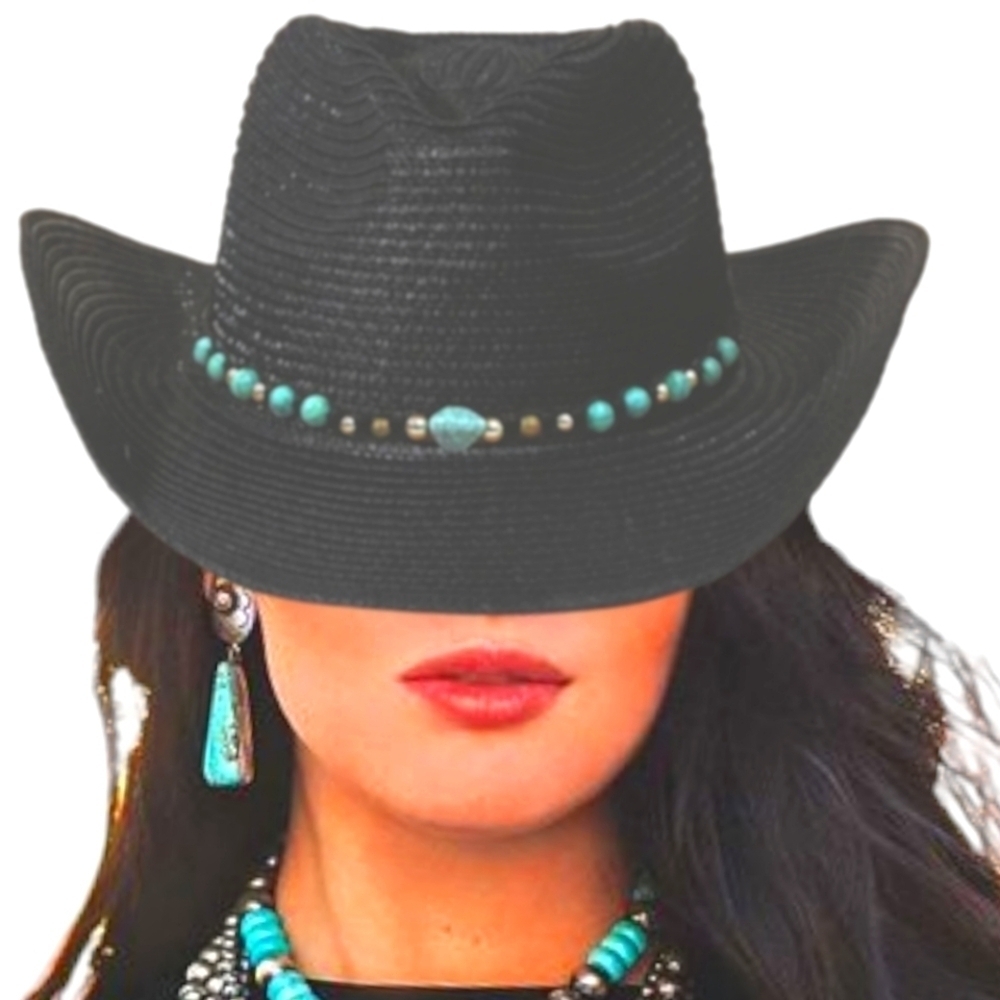 NWT Woven Western style hat with faux turquoise beaded hatband - Picture 2 of 2